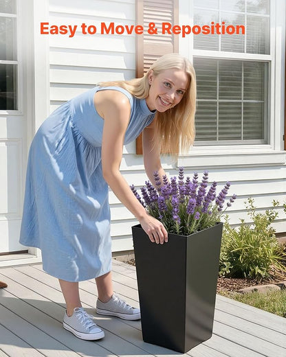 VEVOR Set of 2 Tall Planters for Outdoor Plants 22 inch, Black Tall Planter for Indoor Plants, Modern Planters for Front Porch Patio Balcony, Plant Container Flower Pots with Built-in Drainage