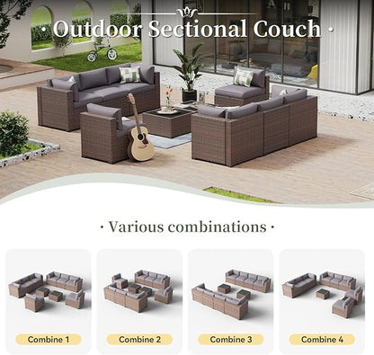 Aoxun 10 Piece Patio Furniture Set Wicker Rattan Patio Conversation Set Outdoor Sectional Sofa Set with Coffee Table and Thickened Cushions, Gray(Waterproof Cover Included)