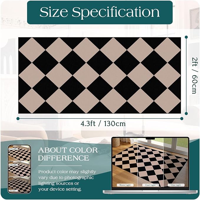Outdoor Rug Black Checkered Non-Slip Door Mat, 2 x 4.3 Ft