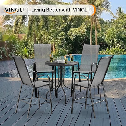 VINGLI Outdoor Bar Chairs Set of 8 – Stackable Outdoor Bar Stools with Sturdy Sling High Back and Armrests for Lawn, Courtyard, Garden, Bar, Silver Gray