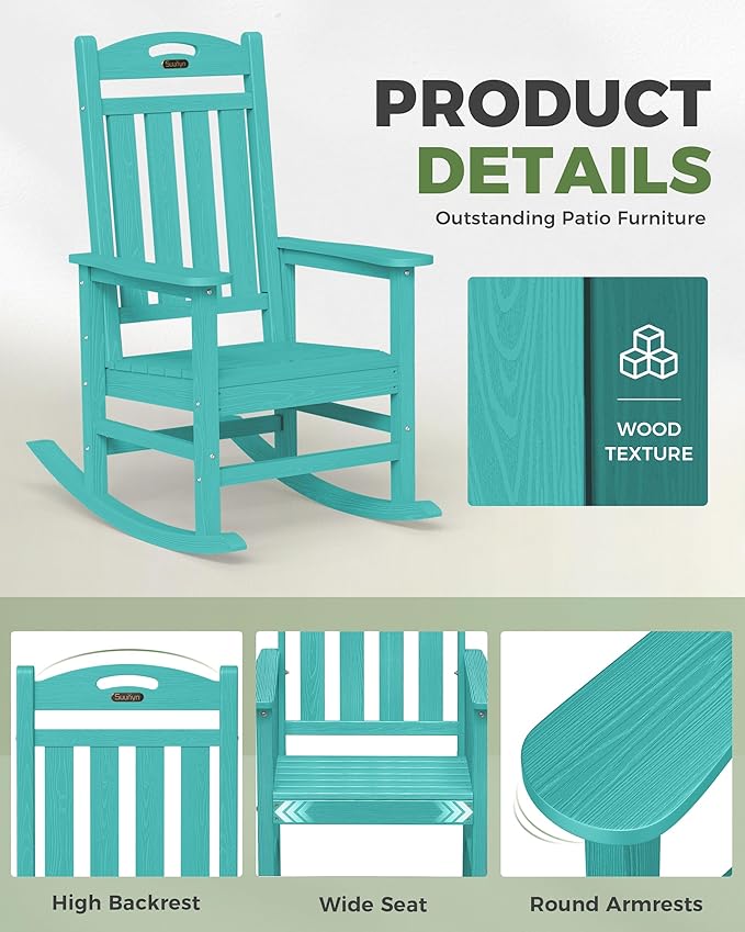 Rocking Chair for Outdoors, Lake Blue HDPE with 30-Inch High Back