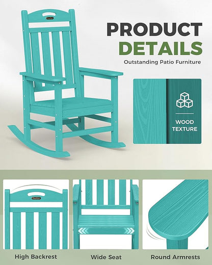 Rocking Chair for Outdoors, Lake Blue HDPE with 30-Inch High Back