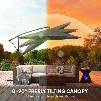 Outsunny 10 ft Offset Patio Umbrella with Cover, Round Hanging Cantilever Umbrella with 6-Position 360° Rotation, Crank Handle, Tilt, Cross Base, Heavy Duty Outdoor Umbrella for Garden