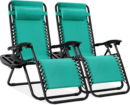 Best Choice Products Set of 2 Adjustable Steel Mesh Zero Gravity Lounge Chair Recliners w/Pillows and Cup Holder Trays - Mint