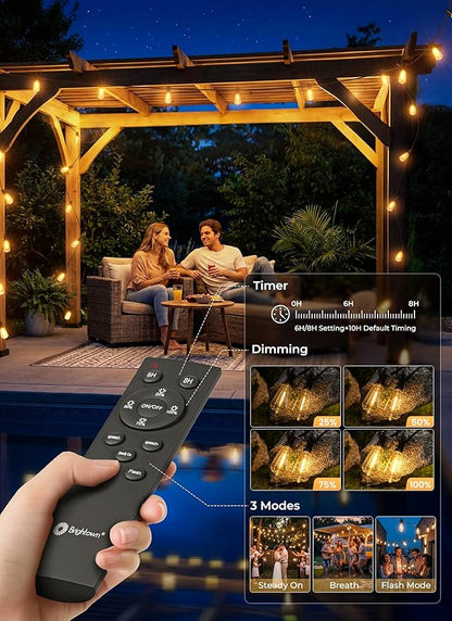 Brightown 202FT Solar String Lights Outdoor Waterproof, Patio Lights with Remote and 65+2 LED Shatterproof Bulbs, Dimmable & Timable, 3 Light Modes, Solar Lights Outdoor for Yard Camping Party Outside