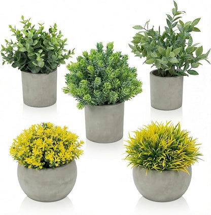 Fake Plants, 5 Pack Artificial Eucalyptus & Greenery in Cement Pots - Small Potted Faux Plants for Indoor Outdoor Shelves, Desk, Table, Farmhouse Bathroom, Office & Modern Home Decor