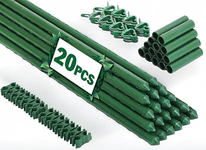 Garden Stakes 20 Pack, 16 Inch Plastic Coated Metal Tomato Stakes, DIY 4ft 5ft 6ft 7ft Plant Support Stakes with 14 Connectors 14 Rotatable Clips 14 Plant Clips for Indoor Outdoor Vegetables