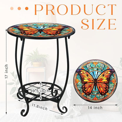 Outdoor Side Table Round Small Mosaic Patio Accent Indoor End Plant Coffee Tea Table for Yard Patio Porch Garden Living Room, Bedroom(Butterfly B Style,14 Inch)