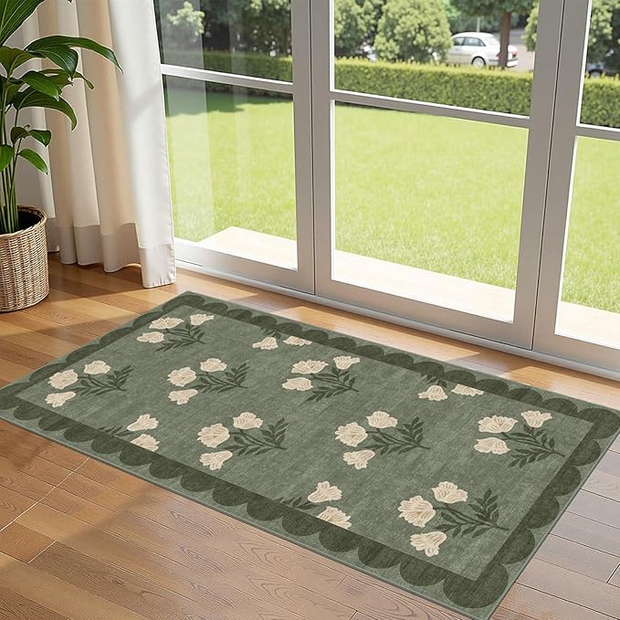 Outdoor Rug Door Mat with Floral Design, Sage Green, 2 x 4.25 ft