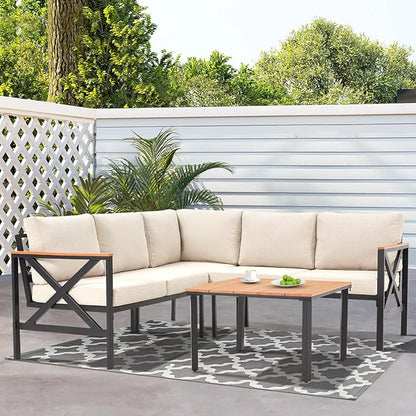 EROMMY 6 Pieces Patio Furniture Sets, Metal Outdoor Sectional Furniture L Shape Patio Conversation Sets with Fauxwood Coffee Table & 6.5" Olefin Cushions for Backyard, Garden, Poolside
