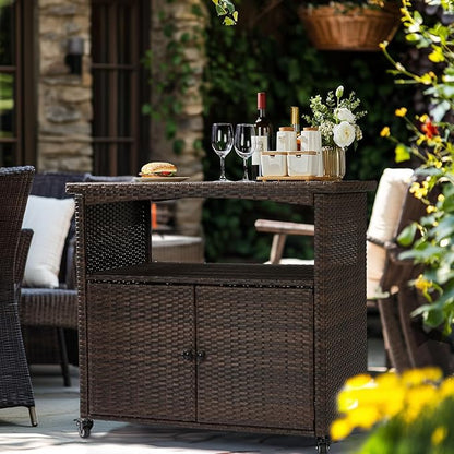 VINGLI Wicker Outdoor Bar Cart with Storage & Rolling Wheels, Patio Bar Table w/Shelf, Outdoor Storage Cabinet Buffet Cabinet Grill Cart for BBQ Pool Patio Kitchen, Brown