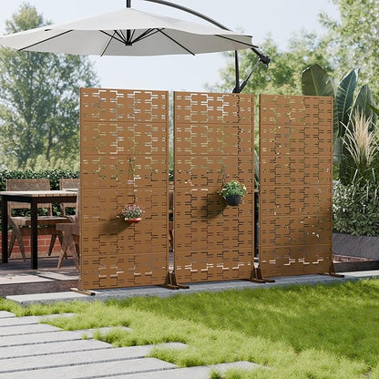 Casaphoria Metal Privacy Screen Outdoor, 72" H x 35" W Freestanding Decorative Privacy Screen for Patio Deck Balcony Garden with Stable Base, Brown-Brick