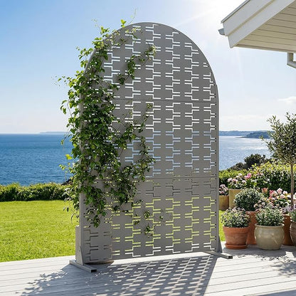 Casaphoria Metal Arched Privacy Screen Outdoor, 72" H x 47" W Freestanding Decorative Privacy Screen for Patio Deck Balcony Garden with Stable Base, Grey-Brick