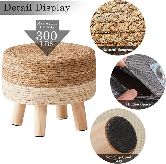 Cpintltr Foot Stool Natural Seagrass Hand Weave Poufs Round Ottoman for Couch Desk Soft Step Stool Padded Foot Rest with Non-Skid Pine Legs for Hallway Office Lounge Natural/White
