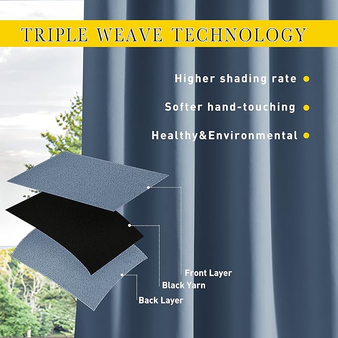 NICETOWN 2 Panels Outdoor Curtains for Patio Waterproof 108 inches Long, Windproof Thermal Insulated Top & Bottom Grommet & Back Tab Blackout Drapes with Rope for Fixed, Stone Blue, W52 x L108