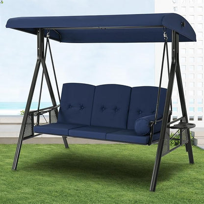 U-MAX 3-Seat Porch Swing Chair Steel Frame, Patio Swing Chair with Stand and Removable Cushions, Outdoor Canopy Swing Chair for Outside, Backyard, Garden, Deep Blue Cushion