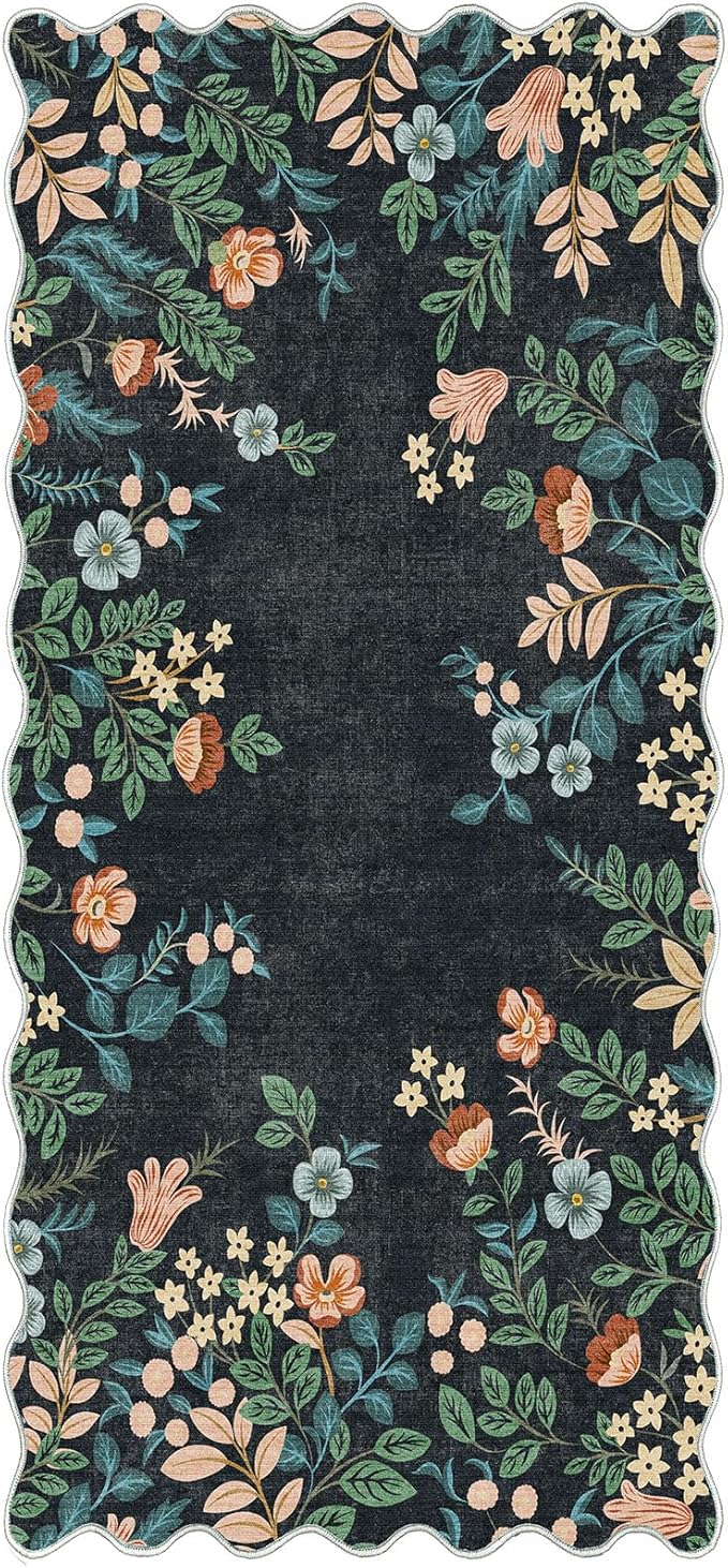 Outdoor Door Mat Boho Floral Non-Slip Black 2 x 4.3 Ft