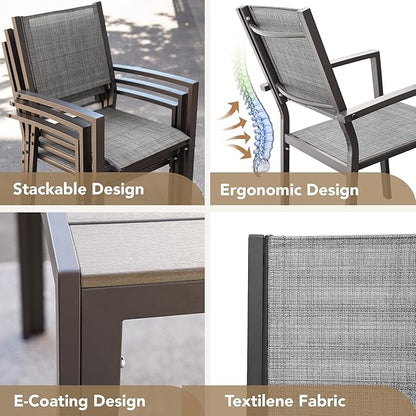 Devoko Patio Dining Set 7 Piece Outdoor Furniture with Rectangular Table and 6 Stackable Chairs Family Conversation Set for Garden Backyard Deck (Grey)