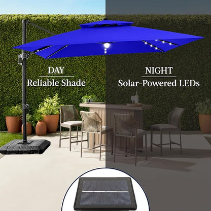 Best Choice Products 12x12ft LED Cantilever Patio Umbrella w/Base Included & 360° Rotation, Large Solar Offset Hanging Outdoor Sun Shade for Deck, Backyard Table w/Stand & Lights – Resort Blue