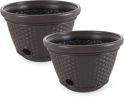 Suncast 2 Pack Decorative Wicker Garden Hose Holder Pot with 4 Drain Holes for 100 Foot Hoses, Java