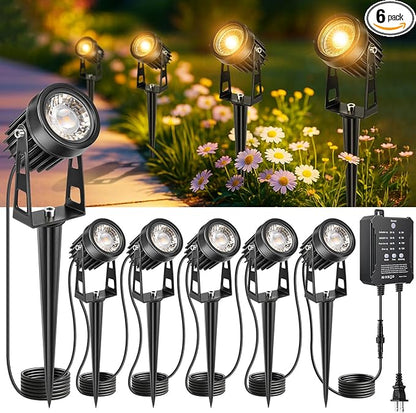 Plug and Play Low Voltage Landscape Lighting Kit, 6-Pack Wired Landscape Lights with Smart Transformer, Warm White Waterproof Outdoor LED SpotLights for Yard, Garden, Pathway, Tree