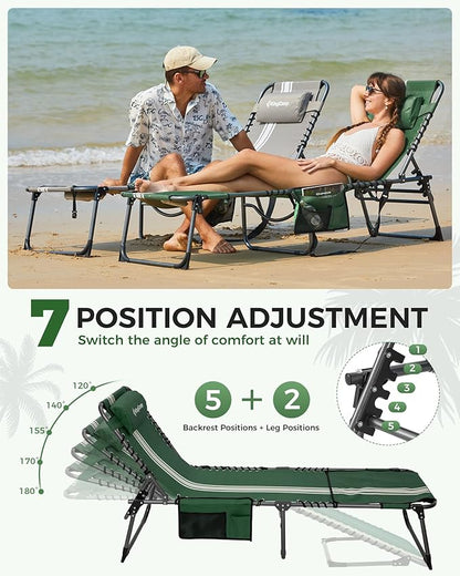 KingCamp Tanning Chair with Face Hole, Lounge Chairs Outdoor Folding Comfy Adjustable 5-Position Lay Flat Foldable Chaise Chaser Lounger for Outside Beach Patio Sun Bathing Pool, Green/White