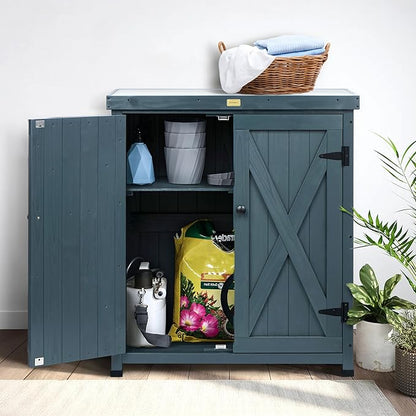 HABAU Outdoor Storage Cabinets Weatherproof for Patio, Garden Work Bench with Shelves & Metal Tabletop, Wooden Potting Table Workstation