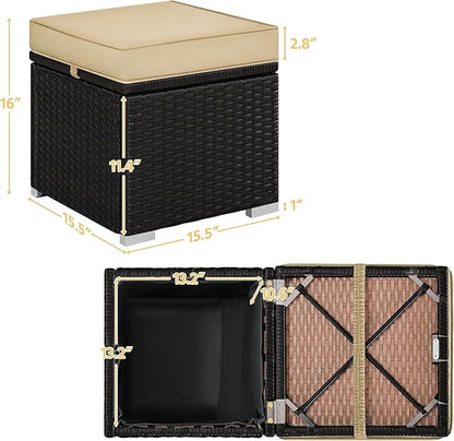 Yaheetech Wicker Ottomans, Set of 2 Patio PE Rattan Side Tables with Hidden Storage & Removable Cushion, Outdoor/Indoor Footstools, Additional Seating for Garden/Balcony/Yard, Brown/Khaki