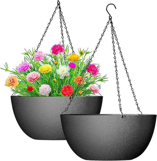 WOUSIWER 13 inch 2Pack Large Hanging Planters for Outdoor Indoor Plants with Drainage Holes and Chain, Round Hanging Flower Pots for Garden Home Porch Decor, Black