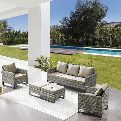 Belord Wicker Patio Furniture 5 Piece Outdoor Sofa Set, Oversize Outdoor Dining Chairs with Rattan Ottomans, Conversation Sets Patio Furniture Come with Removable Washable Cushion Grey