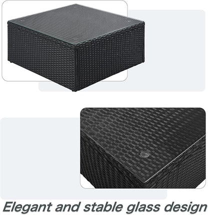 Merax 7-Piece Outdoor Wicker Sectional Sofa Set,Modular Rattan Conversation Set with Gray Cushions,Striped Green Pillows & Tempered Glass Coffee Table for Patio,Garden,Deck,Black