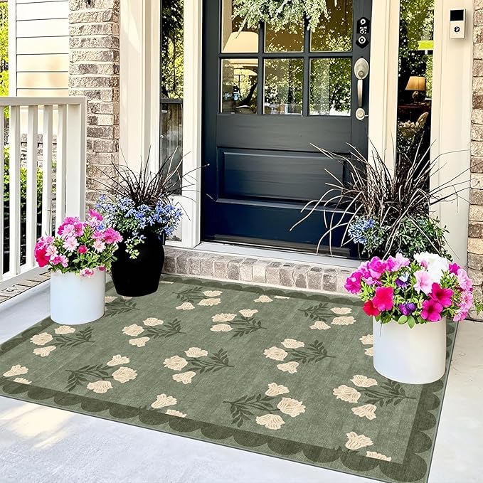 Outdoor Rug 3x5 Sage Green Floral Washable Entry Mat