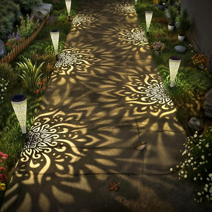 6 Pack Solar Lights Outdoor Garden Decorative Mandala Solar Garden Lights with Warm Light Waterproof Solar Pathway Landscape Light for Path Patio Backyard Walkway Yard Decor (White)