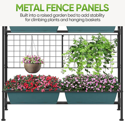 CADUKE Raised Planter Box with Legs, 32" Elevated Vegetable Garden Beds, Raised Garden Bed with Drainage Holes & Trellis, Herb Garden Planter Outdoor for Vegetables, Balcony, Patio, Green