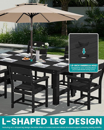 SERWALL Outdoor Dining Table Set, 67‘’ HDPE Patio Dining Set for 6, Wood-Like All-Weather Outdoor Table and Chairs Set for Lawn, Black