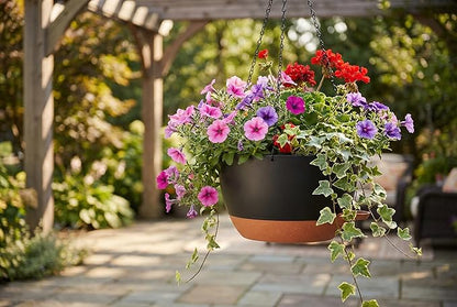 Hanging Planters, 3-Pack 10 Inch Self-Watering Pots with Drainage Holes and Chains, Matte Plastic Planters for Indoor/Outdoor Plant（Black Brown）