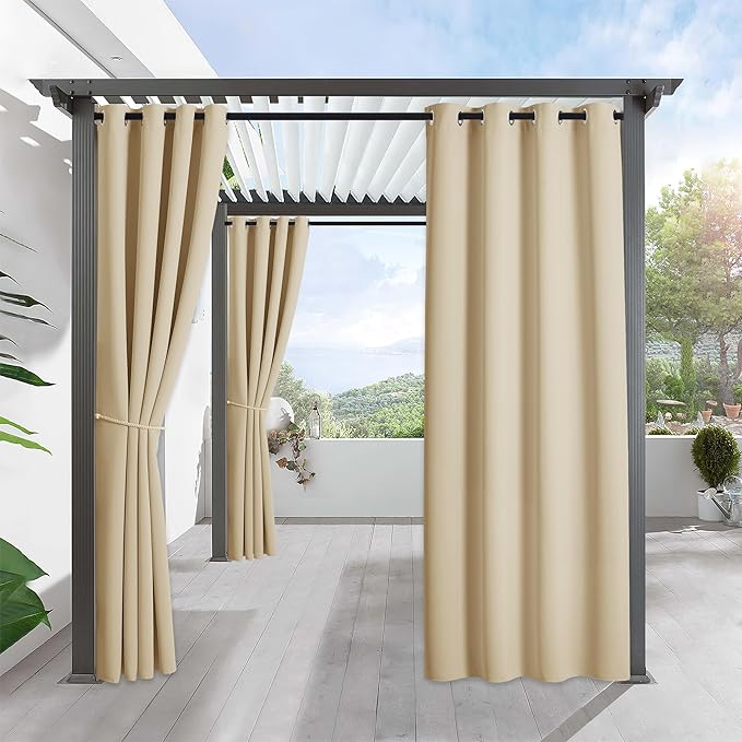 RYB HOME Outdoor Curtains for Patio Waterproof Block Sunlight Thermal Insulated Privacy Assured Thick Outside Curtains for Porch, Gazebo, Pergola, W52" x L84", Biscotti Beige, 1 Panel