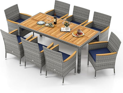 Tangkula 9 Pieces Rattan Outdoor Dining Set for 8, Outdoor Acacia Wood Table Set with 8 Cushioned Wicker Chairs, Umbrella Hole, Patio Dining Furniture Set for Deck Pool Backyard