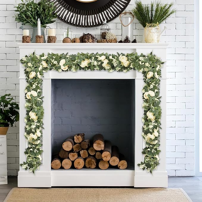Artificial Eucalyptus Garland 2-Pack, 6.6 Ft Champagne Roses