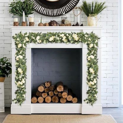 Artificial Eucalyptus Garland 2-Pack, 6.6 Ft Champagne Roses