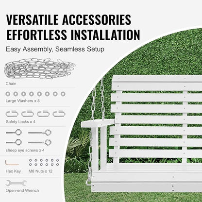 VEVOR Wooden Porch Swing 4.5 ft, Patio Bench Swing for Courtyard & Garden, Upgraded 880 lbs Strong Load Capacity, Heavy Duty Swing Chair Bench with Hanging Chains for Outdoors, White