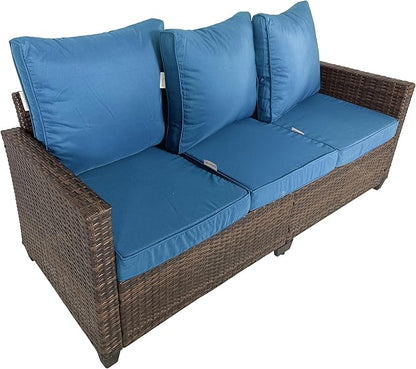 Rattan Outdoor Sofa 3-Seater - PE Woven Patio Couch with Waterproof Blue Cushions, Heavy-Duty Steel Frame for Garden, Poolside Outdoor Wicker Furniture