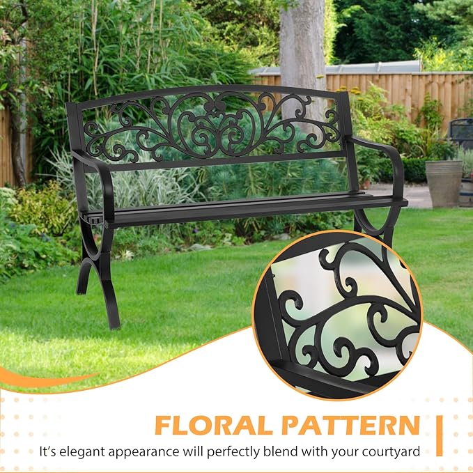 Outdoor Bench, 50-Inch Black Metal Loveseat with Slatted Seat