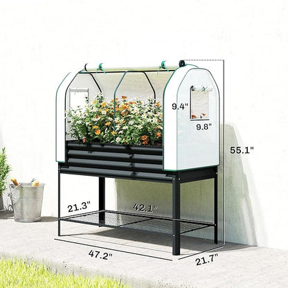 Outsunny Galvanised Raised Garden Bed with Greenhouse Cover, Metal Elevated Garden Bed with Legs, Bed Liner and Bottom Shelf, Outdoor Raised Planter Box for Vegetables, Herbs, Flowers, Black