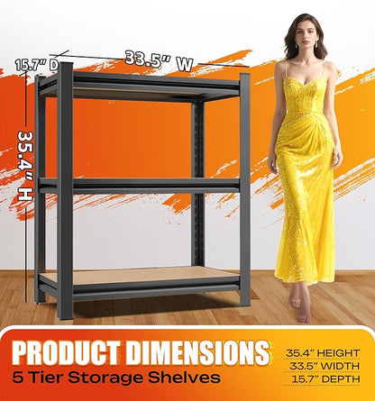 AOAORRG Set of 5 Garage Shelving Heavy Duty Storage Shelves, Metal Adjustable Shelving Unit, Utility Garage Organizer Shelf for Basement, Pantry, Kitchen, Warehouse, 15.7" Dx33.5 Wx35.4 H, Black