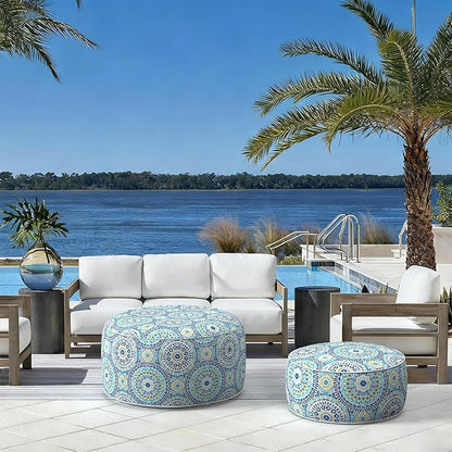 LVTXIII Indoor/Outdoor Inflatable Ottoman with Handle D21 x H9 Inch, Weather-Resistant Round Footstool Pouf for Patio Camping Living Room, Portable Footrest Extra Seating, Delancey Lagoon