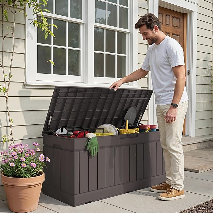 Deck Box Brown Resin Outdoor Storage Bench with Lockable Lid