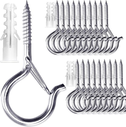 PlusRoc 20 Pack Ceiling Hooks for Hanging Plants Outdoor String Lights Heavy Duty, 2.2 Inch Eye Hook Screw in Cup Hooks Q-Hanger for Patio Lights, Wall Wood Fence Deck Mount(Stainless Steel, Silver)