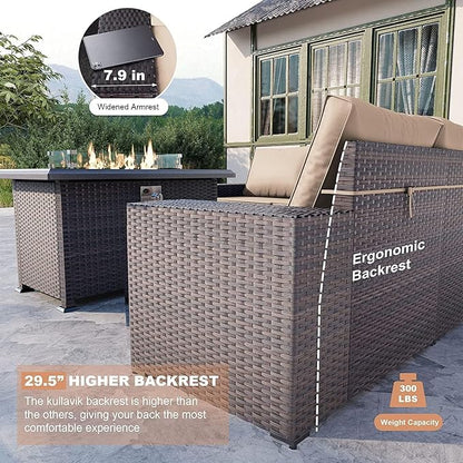 Kullavik 10 Pieces Outdoor Patio Furniture Set,PE Wicker Rattan Sectional Sofa Patio Conversation Sets with 43" 55000BTU Gas Propane Fire Pit Table,Swivel Rocking Chairs Set,Sand