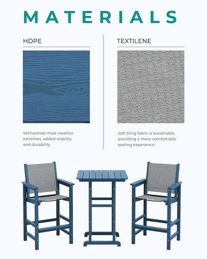 SERWALL 3 Pieces Textilene Adirondack Bar Set, Tall Adirondack Bar Height Chairs with Bar Table, Sling Balcony Adirondack Chairs, Weather Resistance Resin Outdoor Bar Height Stools, Blue